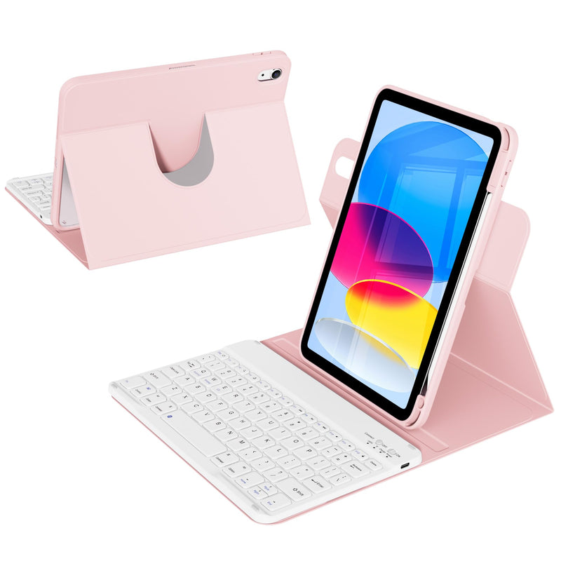 for iPad A16 11th/10th Gen Case with Keyboard, Rotating Folio Cover | 360 Degree Rotating Detachable Rugged Cover & Pencil Holder, Removable Wireless Keypad, Portrait/Landscape Mode, Pink