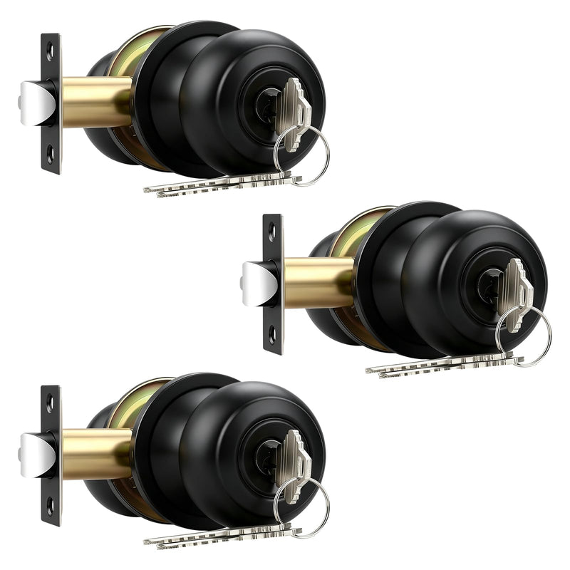 3 Pack Keyed Entry Door Knob, Entrance Door Lock, Keyed Different, Flat Ball, Matte Black Interior and Exterior Entry Door Knobs 3