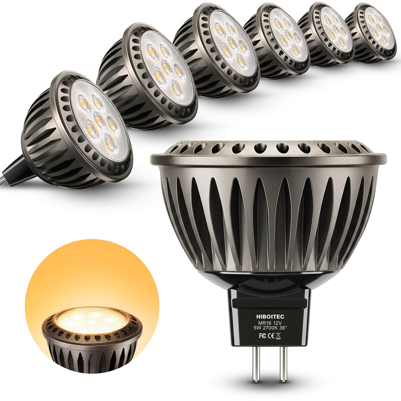 HIBOITEC MR16 LED Bulb 5W, 2700K Warm White, 50W Halogen Equivalent, GU5.3 Bi-pin Base, Energy Saving Low Voltage 12V MR16 LED Spotlight Bulb for Landscape Accent Lighting, Non-Dimmable, 6 Pack