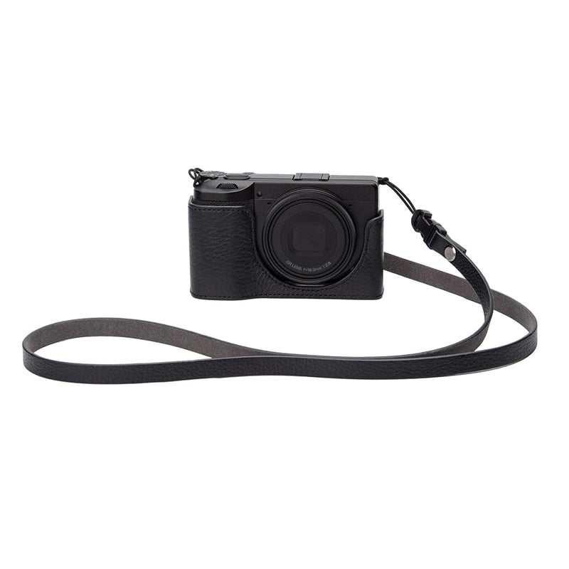 GRIV Vintage Genuine Leather Camera Case with Shoulder Strap for Ricoh GR IV/GR IV X/GR IV HDF/GR4 Handmade Half-Wrap Cover (Black)