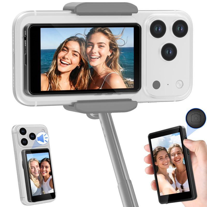 Selfie Monitor Screen iPhone, Magnetic Back Camera Monitor iPhone & Android | Wireless Vlog Screen with 164 ft Remote Zoom Shoot, Built-in Speaker, 1500mAh Battery, for Vlogging Live Stream Black