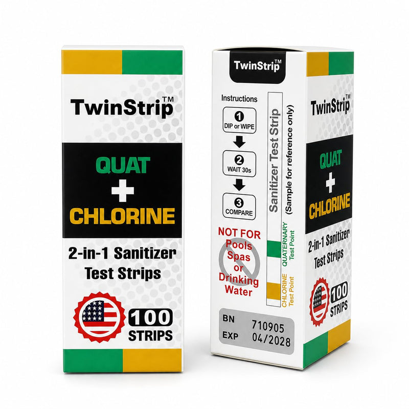 2-in-1 Quat & Chlorine Sanitizer Test Strips, 200 Count | 0-400 ppm quats, 0-200 ppm chlorine, Food service sanitizer testing, 3-compartment sinks, Restaurant Supplies