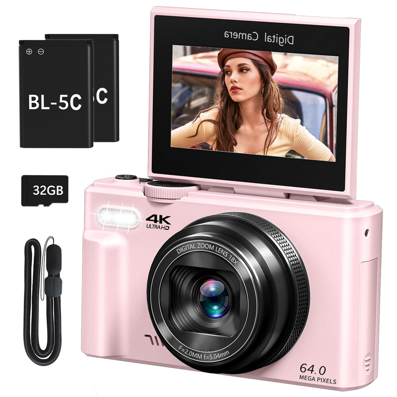 4K Digital Camera with 180° Flip Screen, 64MP Compact Vlogging Camera, Pink | Point And Shoot Camera with WiFi, 32GB SD Card, Easy To Use Digital Camera Kit for Travel and Beginners