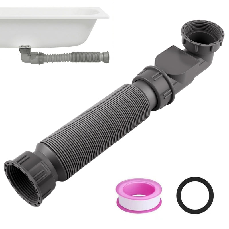 Low Profile 1 1/2 Bathtub Shower Drain Pipe with One-Way Valve, Flexible Drain Pipe for Freestanding Tub, Odor Prevention Flat Curved Hose Kit for Bath and RV Tub, YGG003 (Gray) Gray