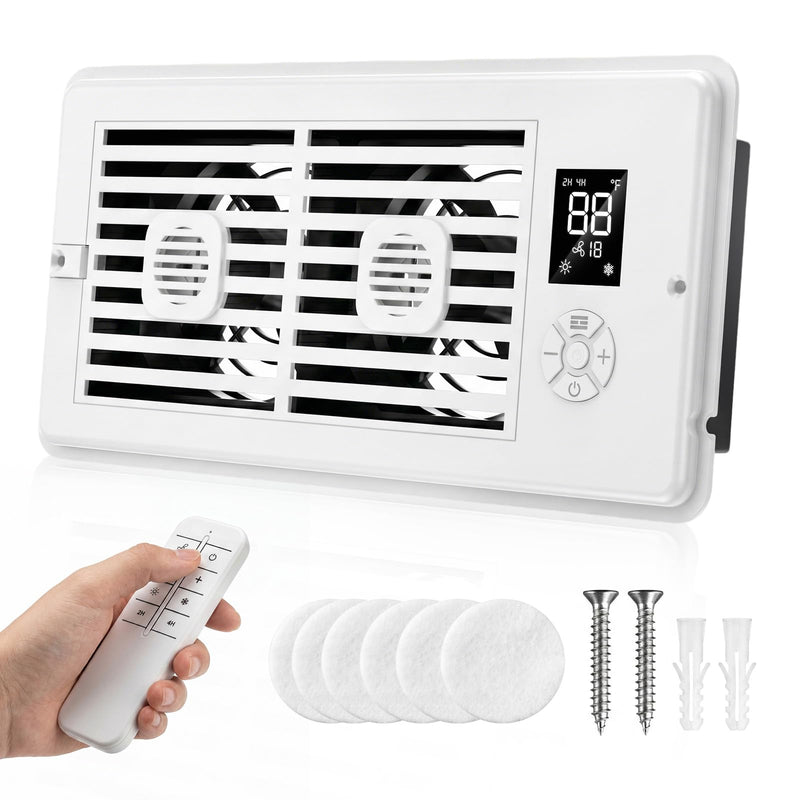 Register Booster Fan for 4” x 10” Vents, Remote Control, 3 Modes, 10 Speeds, Built-In Display, Fits Floor or Wall Registers, Removable Front Cover, Home HVAC Airflow Support - Off White