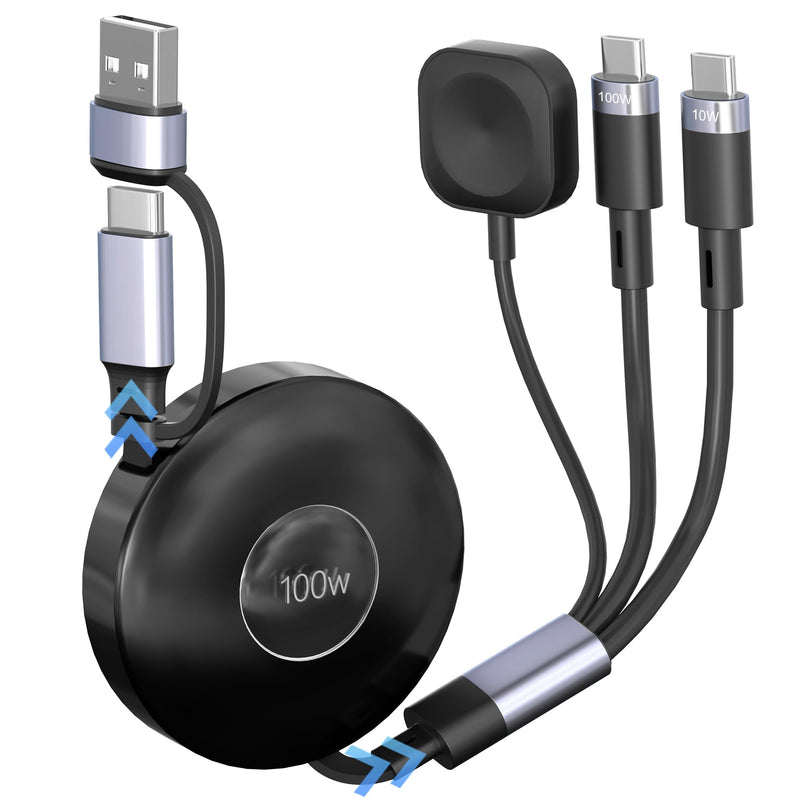 3 in 2 Retractable USB C Cable for Apple Watch Charger - 100W USB C and iWatch Charger with Data Sync, Portable Travel Cable for iWatch Ultra 2/SE2/Series 11-1, iPhone 17/16/15, iPad, AirPods, MacBook