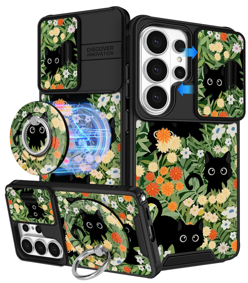 Buleens for Samsung Galaxy S26 Ultra Case - with Ring Stand & Camera Cover Aesthetic Cute Designed for Women Girls Girly Kawaii Cats Floral for Samsung S26 Ultra Phone Case Compatible with Magsafe Cat Flowers