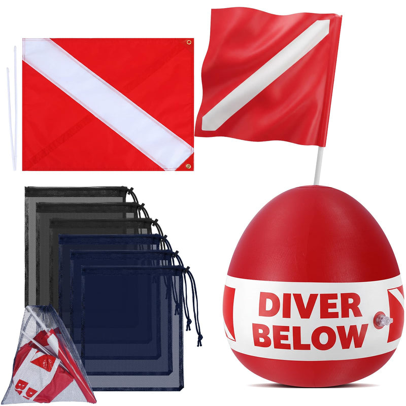 Dive Flag Float Mesh Drawstring Bag Set Inflatable Signal Floater with Dive Flag for Snorkeling Water Sport Signaling Swimming Boating Fishing