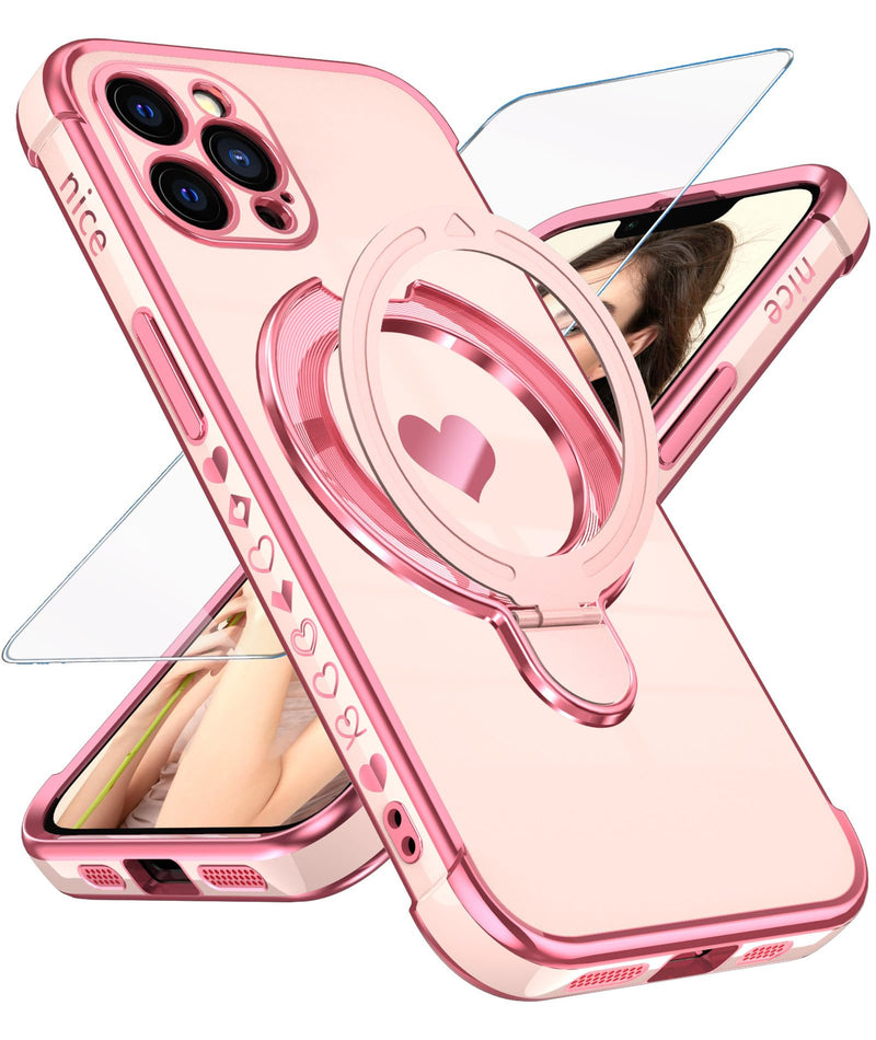 Cute Plated Gold Women Phone Case for iPhone 15 Pro Max - Pink | Screen Protector+Ring Metal Kickstand,Love Heart Pattern,Slim Soft TPU Full Camera Protection Cover for iPhone 15 Pro Max Thermoplastic Polyurethane,Polycarbonate