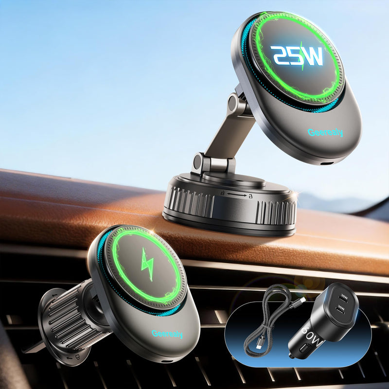 for 25W MagSafe Car Mount Charger with Cooling Fan, Magnetic Wireless Car Charger, Suction Cup & Vent Attachment Phone Holder, 25W Fast Charging Car Cooling Phone Mount for iPhone 17/16,S26 Ultra