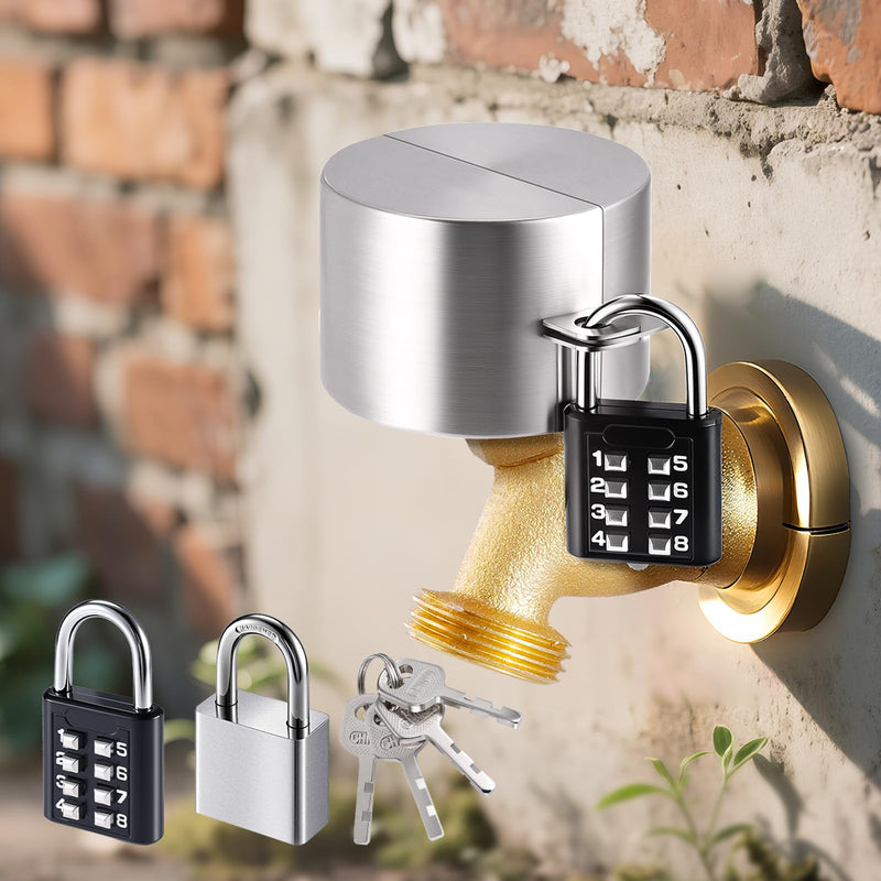 Water Faucet Lock Outdoor, 2 Lock,Silver | Spigot Lock for Outside Faucet,Dual Anti-Theft, Stainless Steel Cover & Padlock Kits, For 1.3-2.5" Valves Hose Bibs Silver