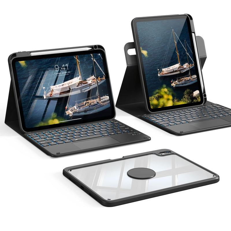 Clear Case Keyboard for iPad (A16) 11th/10th Gen, Black | Detachable 360°Rotatable Clear Back, Multi-Trackpad & 7-Color Backlit Bluetooth Keyboard, Portrait Mode Usage, Durable Cover