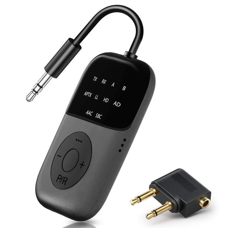 Bluetooth 5.4 Transmitter Receiver,2-in-1 Airplane Bluetooth Adapter | Dual Headphones & 24H Battery Life for TV, Airplane, Car, Tablets, Wireless TV Headpset, Compatible with AirPods & aptX black