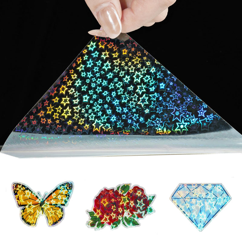 Stars Holographic Sticker Paper 12"x200" Vinyl Laminating Film Decorative Holographic Clear Contact Paper for Labels Self Adhesive Glitter Holo Overlay Laminate Roll for Windows Party Crafts Stars Holographic 12" x 200"