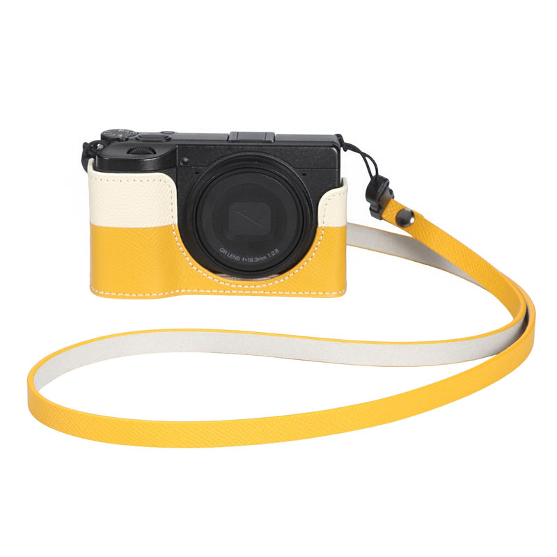 GRIV Genuine Leather Color-Block Camera Case with Shoulder Strap for Ricoh GR IV/GR IV X/GR IV HDF/GR4 Handmade Half Cover (Yellow White-Set) Yellow White-Set