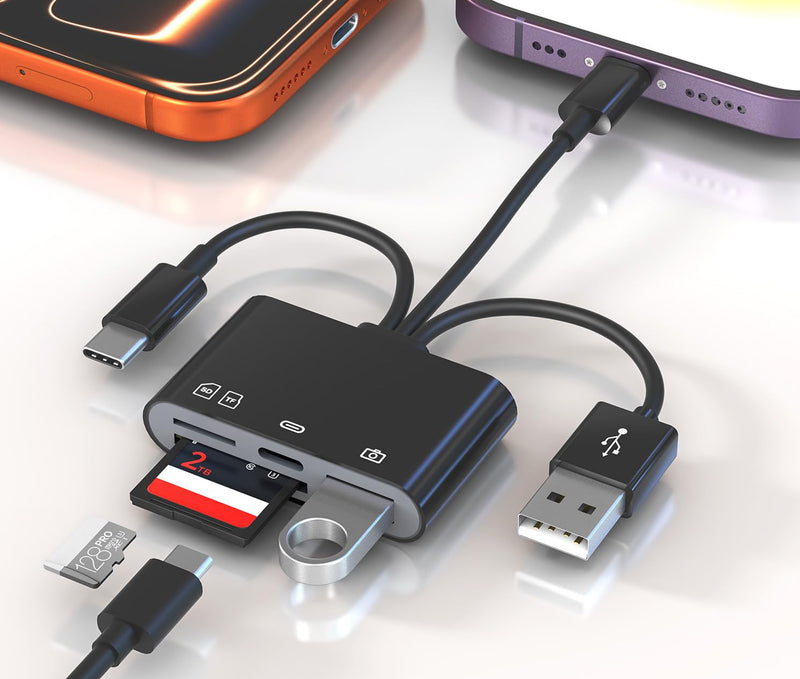 4-in-1 SD Card Reader for iPhone, Lightning+USB C+USB OTG Adapter, Transfer Photos from Digital Camera to Phone Memory Card Reader with SD/TF/USB Flash Drive/USB C Port Compatible with iPhone Android
