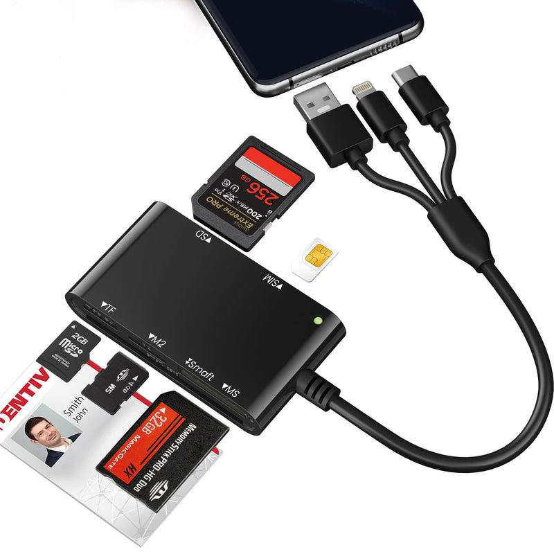 7 in 3 SIM Card Reader, Smart Card Reader with USB C/USB A/Lightning, Military CAC & PIV Card Reader, SD/TF/M2/IC/MMC/Memory Stick Pro Duo Adapter for iPhone/Windows/Mac/Linux/Computer