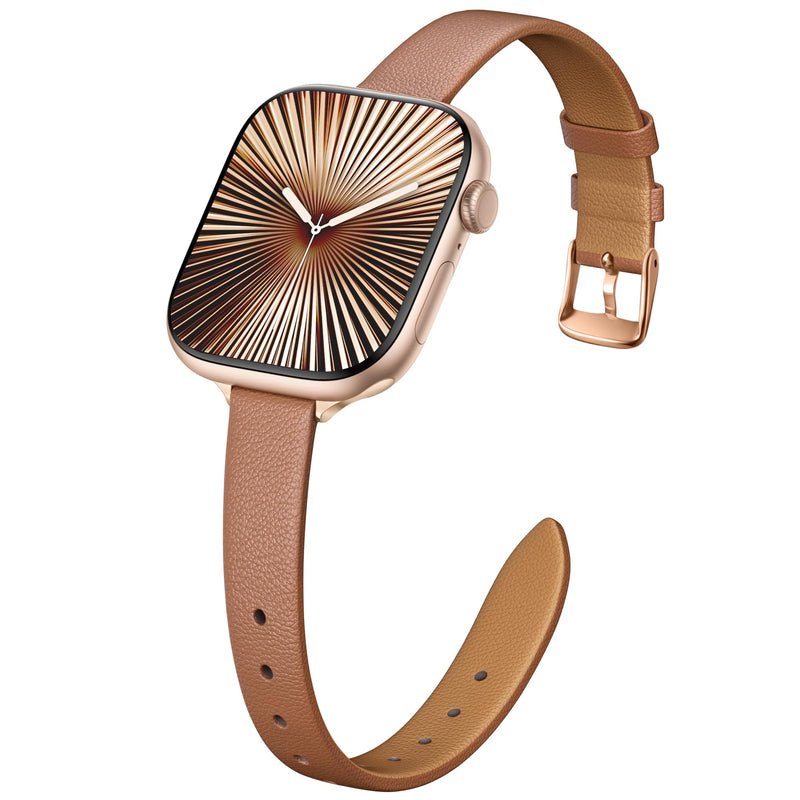 Vegan Leather Band for Apple Watch Bands for Women 40mm 41mm 42mm 38mm | Soft Slim Seamless Faux Leather Wristband, Fits iWatch Bands SE3-1 Series 11 10 9 8 7 6 5 4 3 2 1, Dressy & Fancy Brown with Rose Gold Buckle 38mm/40mm/41mm/42mm(Series 11 10)