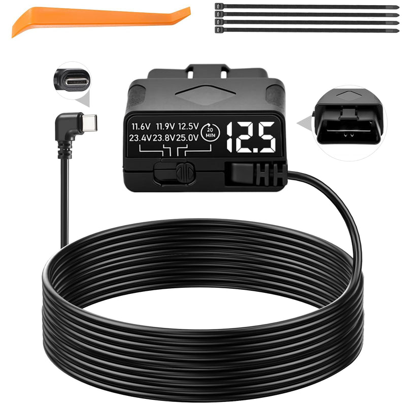 OBD2 to USB C Power Cable for Dash Cam, Plug and Play Dashcam Hardwire Kit with LED Voltmeter, 4-Level Low Voltage Protection (11.6V/11.9V/12.5V/20min), 12V-24V to 5V/3A for Parking Mode, 11.5ft/3.5M 350 centimeters Black