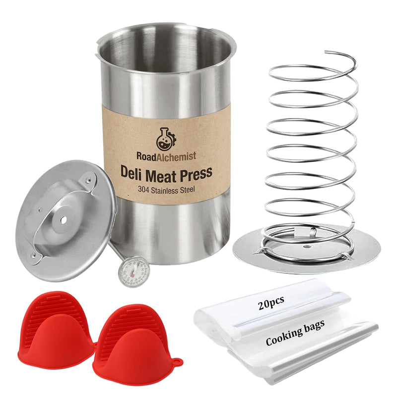 Deli Meat Press Stainless Steel with Thermometer, Lunch Meat Press Mold, Ham Maker Meat Press Tool, with 20 Cooking Bags + 2 anti-scalding clips, for Making Sandwich (Deli Meat Press Set) Deli Meat Press Set