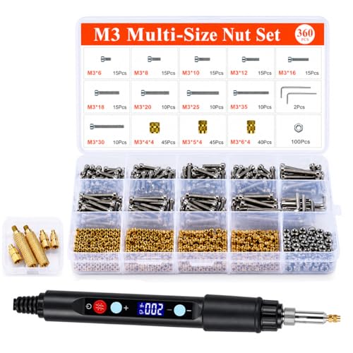 Threaded Inserts - M3 Heat Set Inserts Kit, 360Pcs Brass Heat Set Inserts for 3D Printing & Plastic, with 60W Digital Soldering Iron, Bolts, Nuts, Washers & Wrenches - Complete Fastening Solution