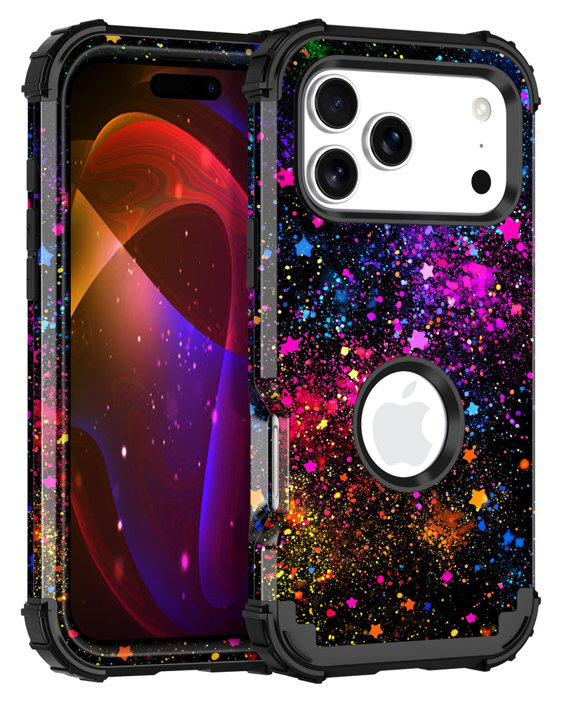 Casetego for iPhone 17 Pro Max Case,Glow in The Dark Three Layer Heavy Duty Sturdy Shockproof Full Protection Rugged Hard PC+Soft TPU Bumper Case for iPhone 17 Pro Max 6.9 inch,All Colorful Sky All Black Colorful Sky