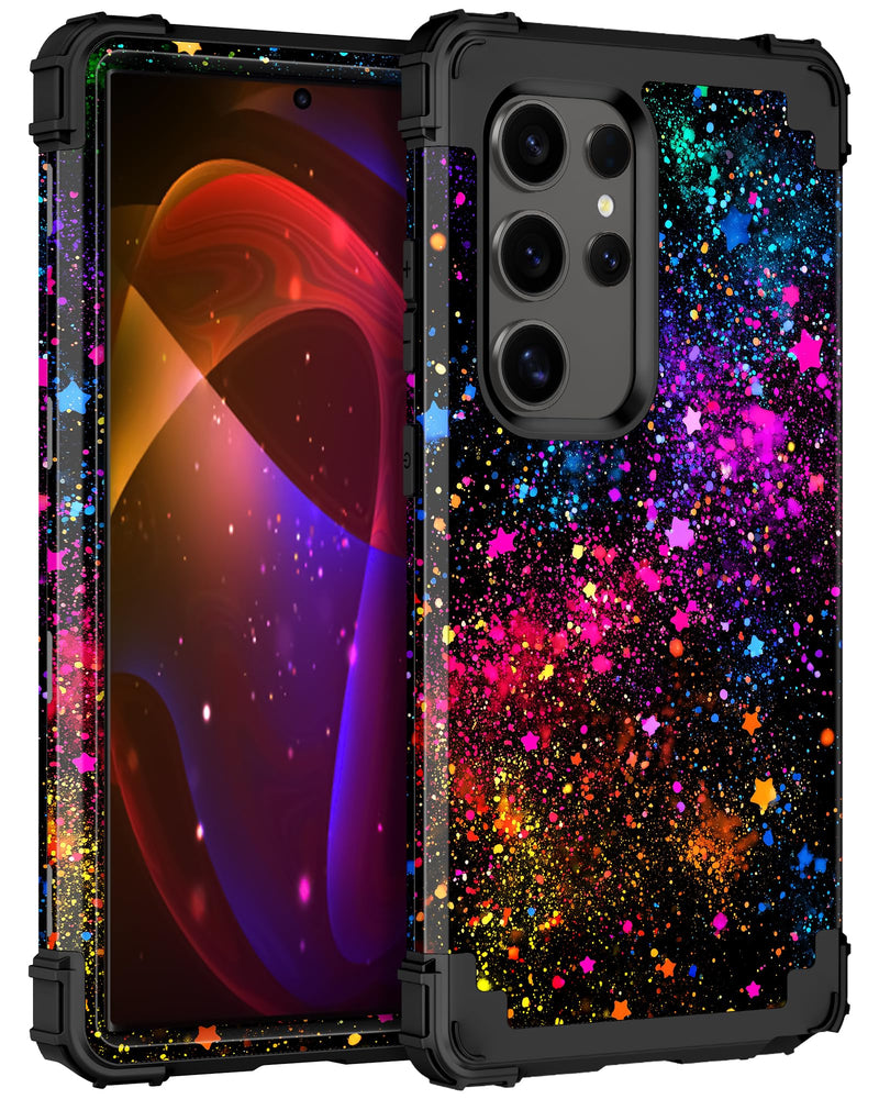 Casetego for Galaxy S24 Ultra Case,Glow in The Dark Three Layer Heavy Duty Sturdy Shockproof Full Protection Rugged Hard PC+Soft TPU Bumper Case for Samsung Galaxy S24 Ultra 5G 6.8 inch,Colorful Sky All Black Colorful Sky-Glow in the Dark