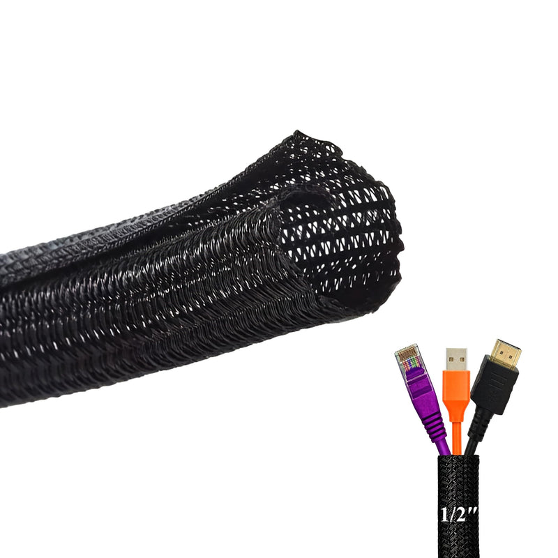 1/2" Split Cable Sleeves, Heavy Duty Wire Cover Cable Sheath to Hide Cords | Black 10ft Reusable Wire Organizer Flexible Abrasion Resistance Wire Loom Wrap for Car Desk Computer Pet Chew Protection 10ft - 1/2"