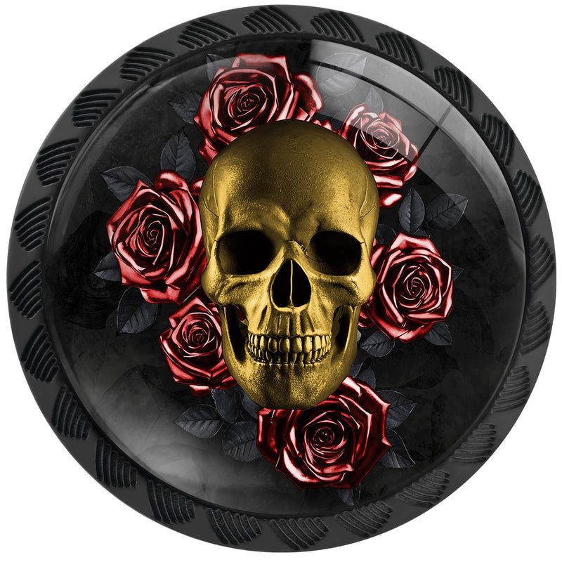 12 Pack Gothic Golden Skull Red Roses Cabinet Knobs for Kitchen | Drawer Pulls Round Dresser Handles Hardware for Desk Cupboard Wardrobe Closet Vanity Door Bathroom Decor 12PCS - 1.37"L x 1.1"W Gothic Gold Skull with Red Roses