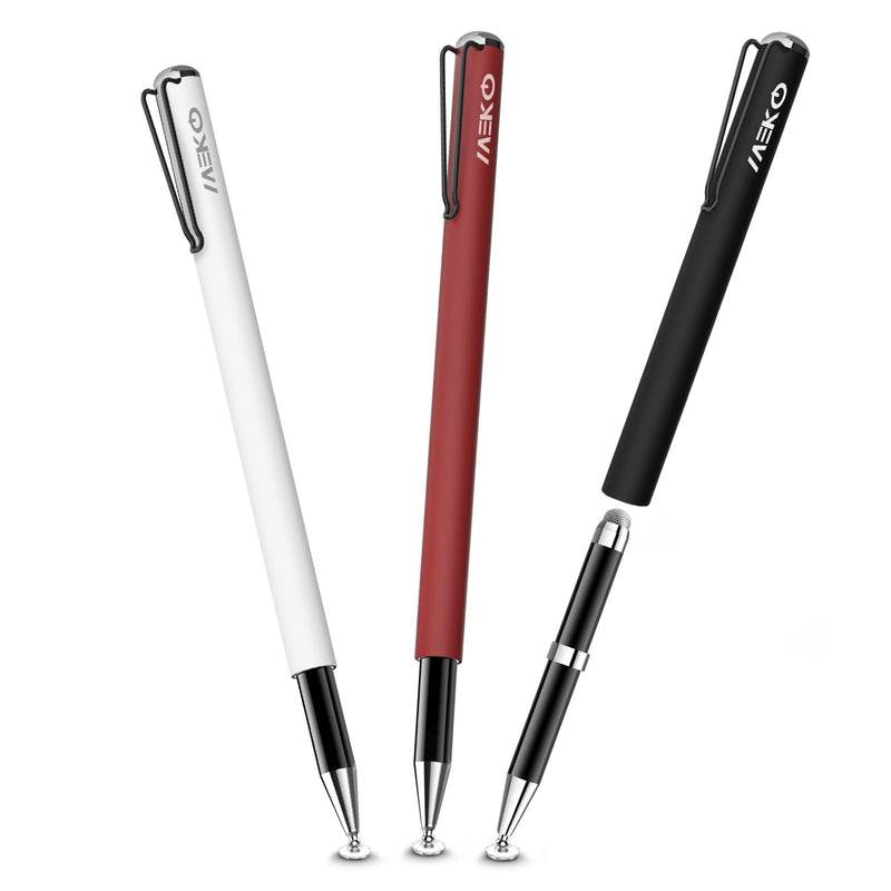 MEKO Stylus Pens for Touchscreens, 2 in 1 Capacitive Stylus | 3 Pack Thin Rubber Tip, High Sensitivity, Compatible with iPad iPhone Android All Touchscreen Devices red/white/black