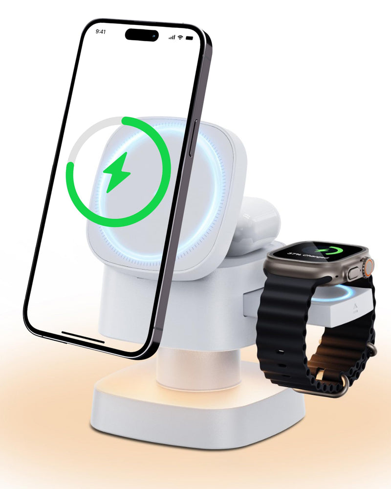 4-in-1 Wireless Charging Station, 15W Fast Charging Adjustable Night Light | multi device charging station, Compatible with iPhone 15/14/13/12 Series, Apple Watch, AirPods – White
