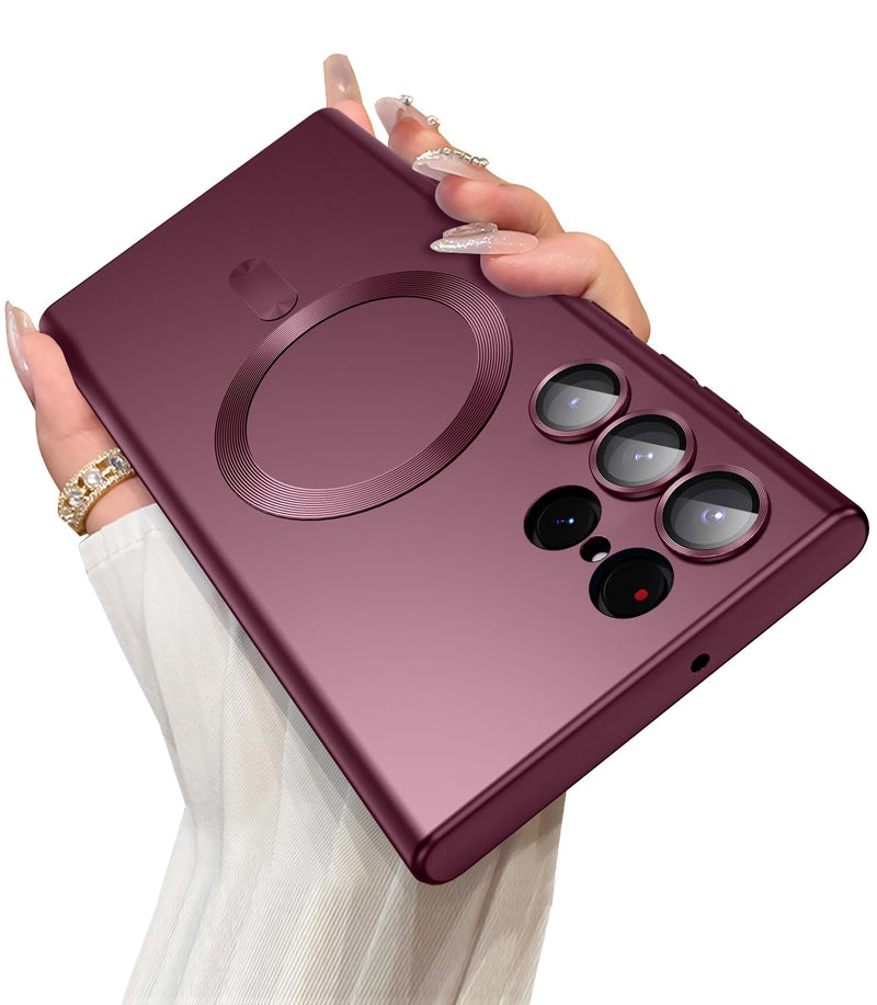 LEKEVO Magnetic for Samsung Galaxy S24 Ultra Case [Compatible with MagSafe][Built-in Camera Lens Protector] Slim Soft Silicone Bumper Shockproof Metallic Luster Phone Case (Burgundy) Burgundy