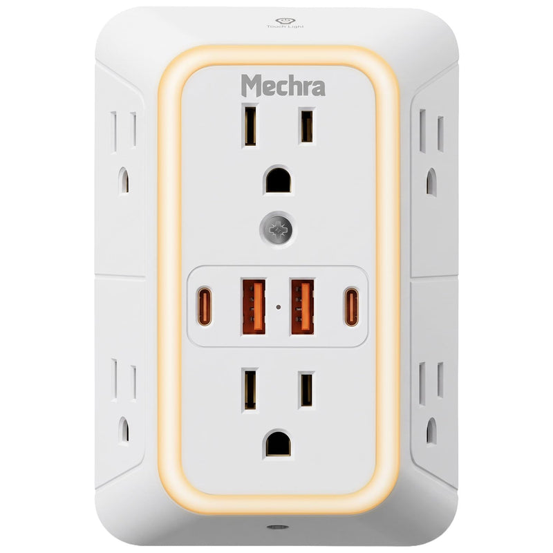 10-in-1 Wall Outlet Extender with Night Light, 3-Sided Multi Plug Surge Protector (1050J), 6 Wide Spaced AC Outlets & 4 USB Ports, Wall Mount Wall Charger for Home, Office, School & Travel White Standard
