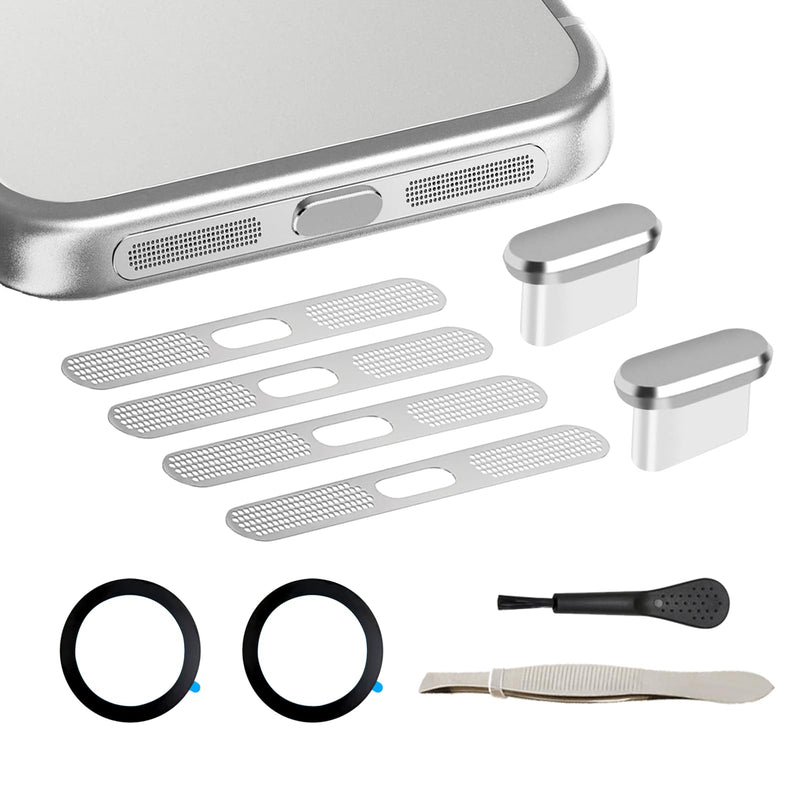 iPhone 17 Pro Max Speaker Dust Cover Accessories , Usb C Dust Plug, Sliver | Speaker Protector Mesh Covers,Charger Cover, Metal Attracting Ring for Phone Case,Zero Sound Loss,Invisible Fit,Residue-Free iphone 17 Pro Max USB Slivery