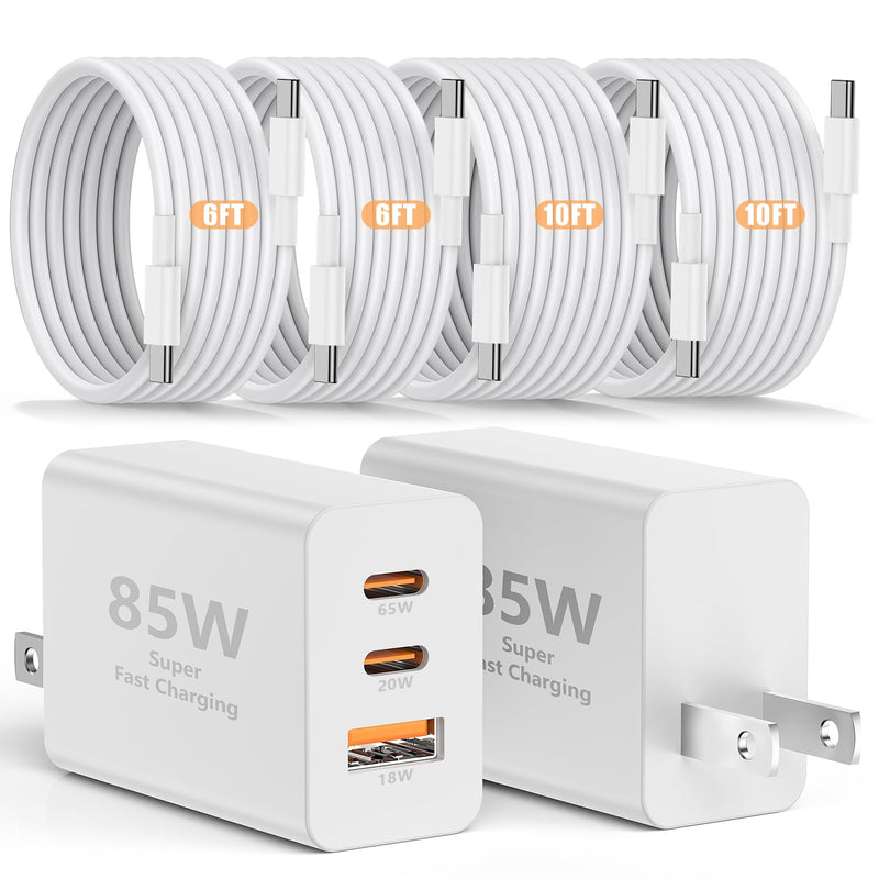 Susnwere 85W C Wall Charger Block for iPhone 17/16/15 Pro Max, 3port 100W USB C Fast Wall Charger Adapter Plug and 4Pack 6/6/10/10FT Long USBC Quick Charge Cable Cord for iPhone/ipad/MacBook Pro/Air (6+6+10+10)ft White