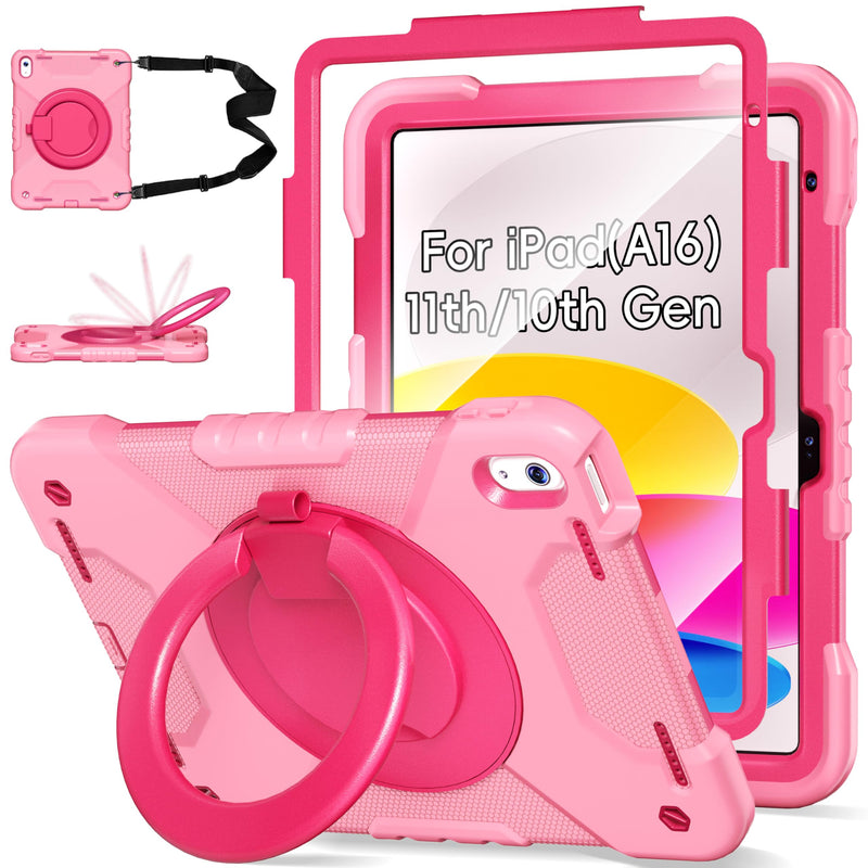 Case for iPad (A16) 11th/10th Generation 11/10.9 Inch 2025/2022 with Screen Protector/360° Rotate Stand/Pencil Holder/Shoulder Strap, Shockproof iPad 11th/10th Gen Cover (Pink+Rose Red) Pink+Rose Red Case for iPad (A16) 11th/10th Generation