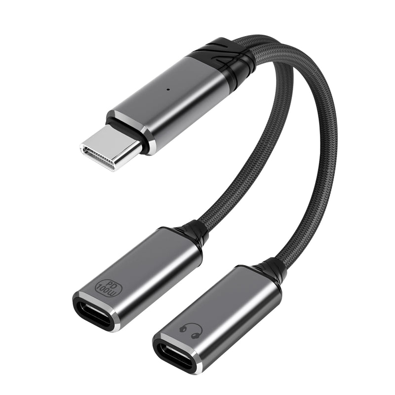Mandiq USB C Splitter 1 in 2 Out，Type C to Headphone Jack Adapter and Charger Adapter Audio Dongle Cable with PD 100W for iPhone 16 15 Pro Max， iPad Pro，More USBC Grey