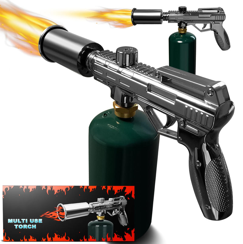 Powerful Propane Torch Gun, Adjustable Flame Kitchen Blow Torch for Cooking, Searing Steak, BBQ, Campfire, Charcoal Lighter (Tank Not Included) Grey
