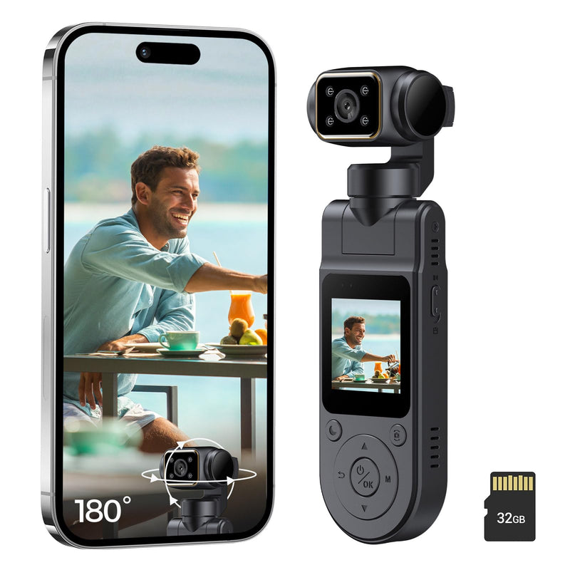 Pocket Vlogging Camera WiFi, 1080P Clip-On Mini Body Cam with 32GB Card | Handheld POV Camera, Rotatable Lens Night Vision Fill Light 1.54'' Screen, Portable Personal Camera for Travel/Sports/Working Black & 32GB