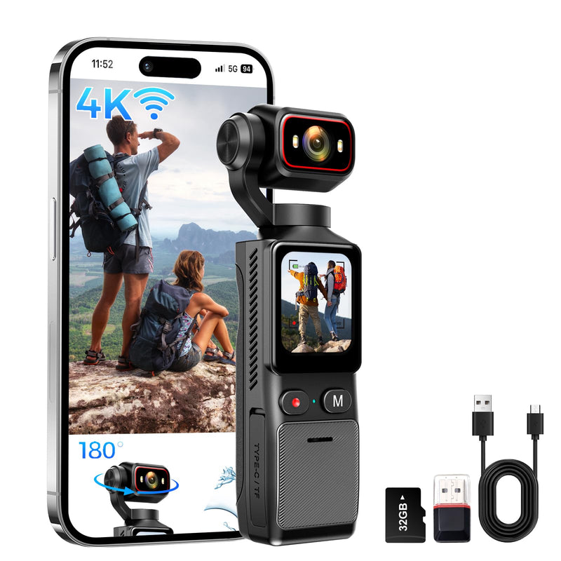 4K Vlogging Camera WiFi, 6-Axis Stabilization Handheld POV Camera with 32GB | Pocket Camera with 180° Rotating Lens, Touchscreen, Personal Body Camera for Travel, Vlog, Selfies, Sports & Daily