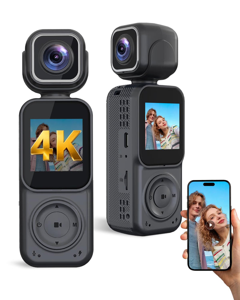 4K Vlogging Camera Pocket Action Cameras with Dual-Lens Mini Body Cam | Audio & Video Recording POV Handheld Camera wtih 32GB Card for Travel, Blogging, Daily Recording