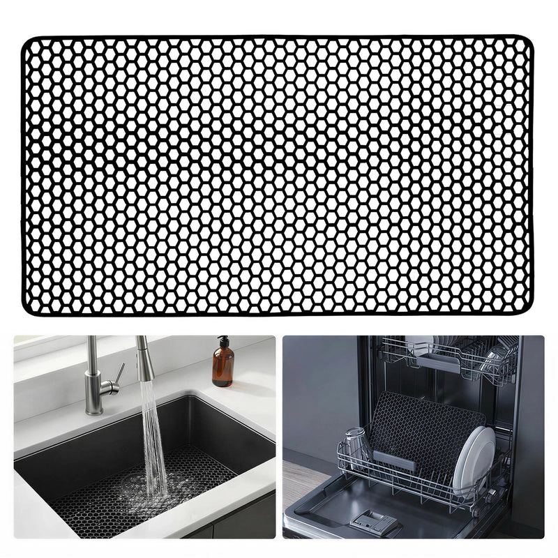 Sink Protectors for Kitchen Sink, 28.34''x 15.74'' Silicone Sink Mat Grid Protector for Bottom of Farmhouse Stainless Steel Porcelain - Can DIY Drain Hole Non-slip Heat Resistant Liner (Black) （Black）28.34" x 15.74"