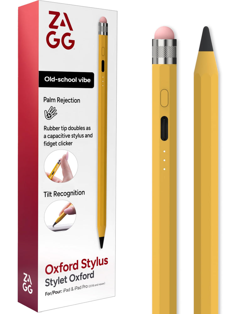 ZAGG Oxford Stylus for iPad Pro 11/13 M4 M5, iPad Air 11/13 M2 M3 M4, iPad 10/9/8/7/6th Gen/A16, Mini 6/5 A17 Pro—Pencil with Palm Rejection, Tilt Sensitivity, & Fidget Clicker Gen 3 Yellow