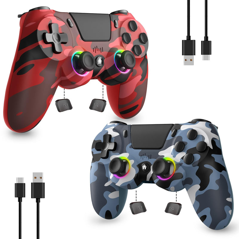 2 Pack Wireless Controller for PS4, Game Remote Controller Compatible with PS4/Slim/Pro/PC, Programmable, RGB Light, 1000mAh Battery, Dual Vibration, 6-Axis Gyro, Share, Touch Pad,Speaker&Audio Jack Camo Red&Blue