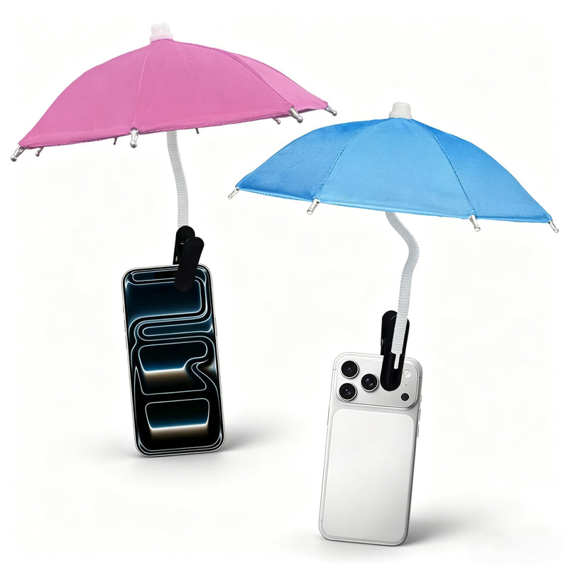 2Pcs Phone Umbrella for Sun, Umbrella for Phone Sun Shade with Adjustable Angle & Clip On Design, Compatible with iPhone & Android for Pool Beach Outdoor Blackout Anti-Glare Pink & Blue
