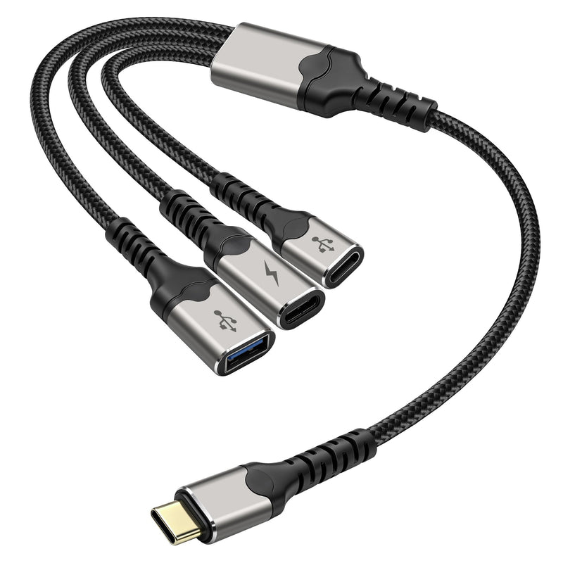 XMSJSIY Type-C Male to 2 USB-C Female& 1 USB-A Female Y Splitter Cable | 1 in 3 Out Charging Cable PD 60W Fast Charging and OTG Port Data Transfer Converter Cable - 30CM/11.8INCH