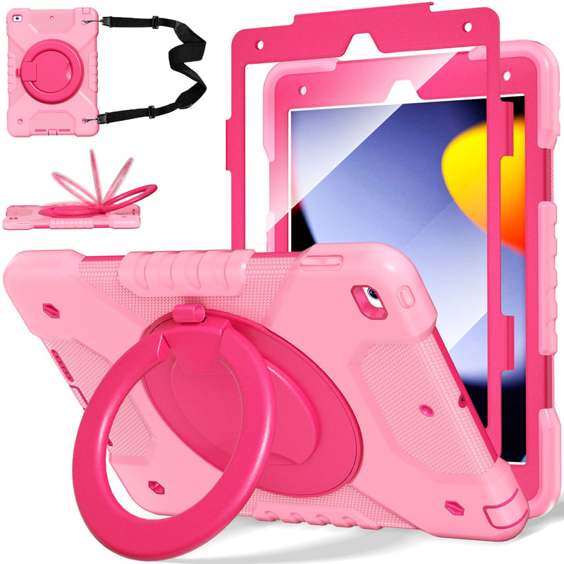 Case for iPad 9th/8th/7th Generation 10.2 inch, Shockproof Cover with Screen Protector/360° Rotate Stand/Pencil Holder/Shoulder Strap, Kids Case for iPad 2021/2020/2019 (Pink+Rose Red) Pink+Rose Red Case for iPad 9th/8th/7th Generation