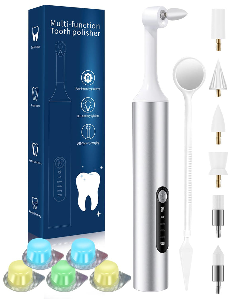 Tooth Polisher, Electric Rechargeable Teeth Polishing Kit with LED Auxiliary Light, 6 Brush Heads & 5 Polish Paste, 4 Modes, IPX6 Waterproof, Easy to Use Tooth Polishing Tool for Home（Sliver） Sliver