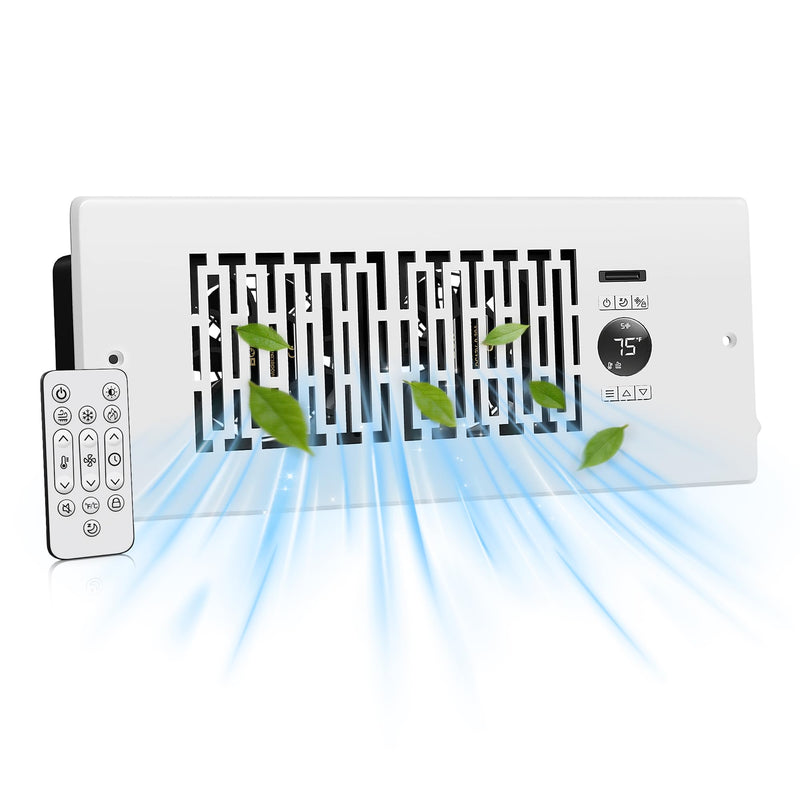 Smart Register Booster Fan for 4” x 12” Vents, Thermostat Control Improves Heating/Cooling, 10-Speed Quiet Vent Fan Booster with Remote Control for Floor or Wall Ducts 4" x 12" Haze White