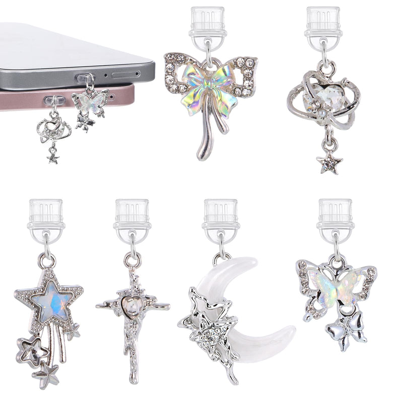6 Pcs Dust Plug Charm, Silver Aesthetic Moon Star Butterfly Design Dust Plug Charms Compatible with Phone Type C/USB C Charging Port